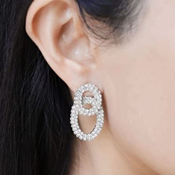 GLAM RHINESTONE DOUBLE CIRCLE EARRINGS - Picture 2 of 6